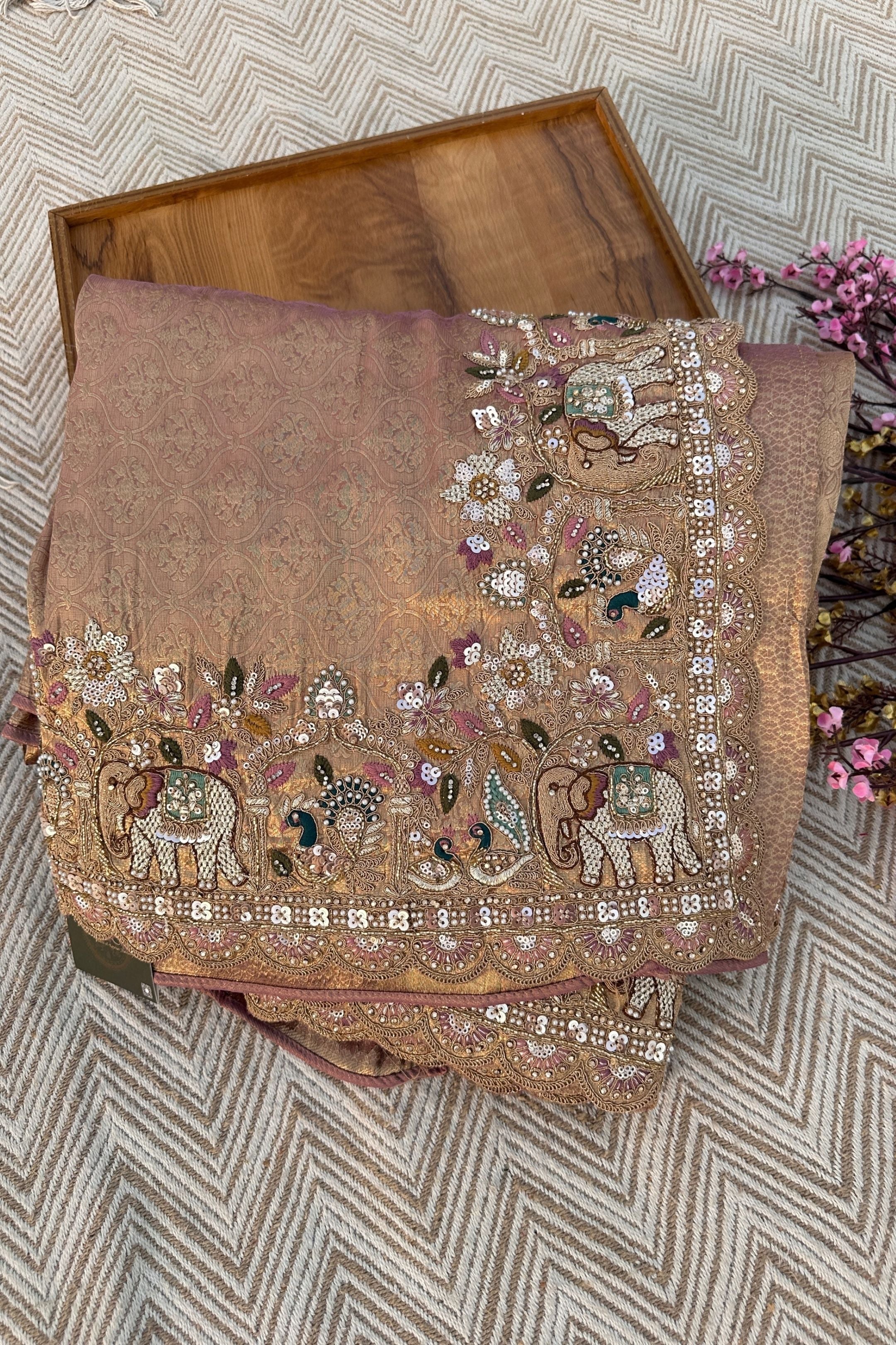 Green Brocade Unstitched Saree Embellished With Moti, Sequins, Cutdana, Thread& Jarkan Work